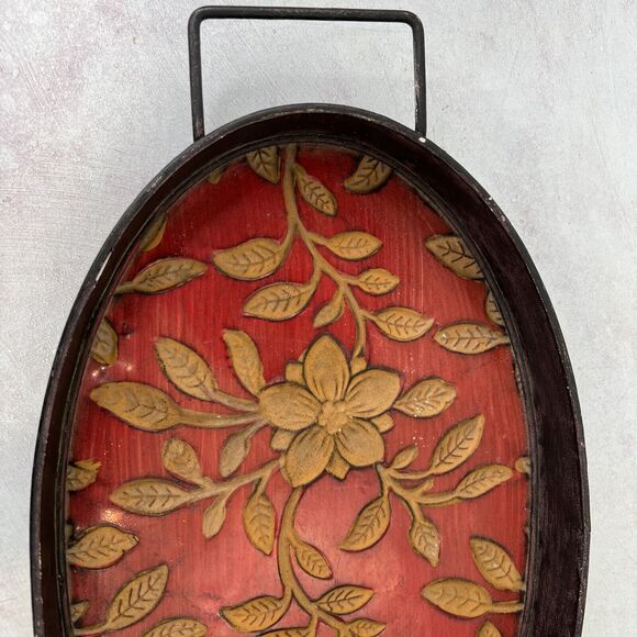 Vintage Tole Painted Gold White Red Floral Metal Serving  vintage metal‎ Decorative tray MCM Red Gold Flowers 19”